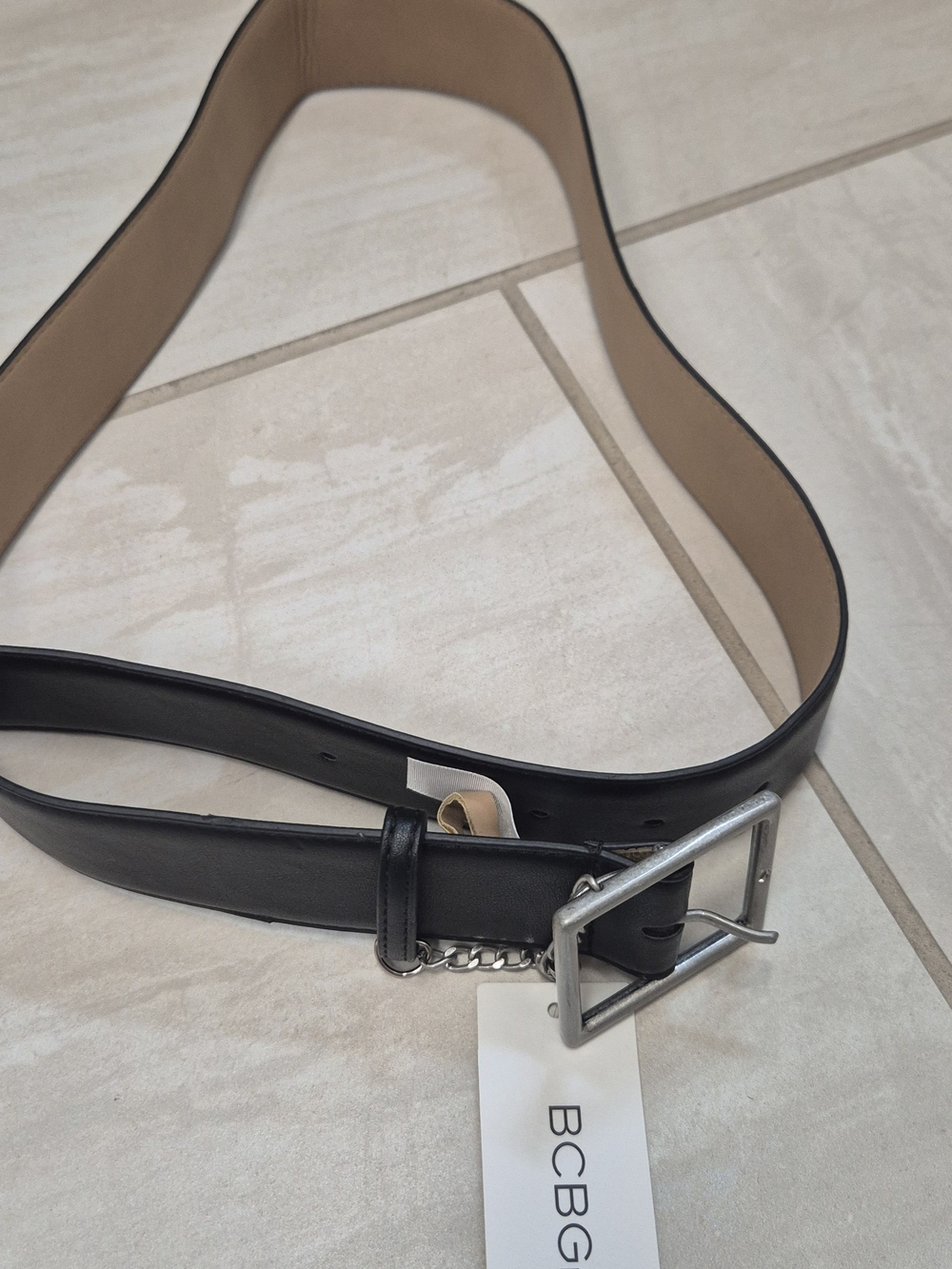 BCBG Black Leather Belt with Silver Buckle and Chain Detail